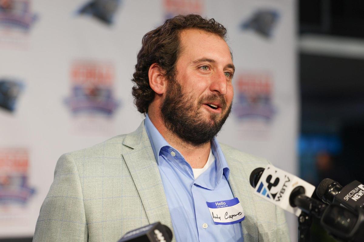 Weddington High School head football coach Andy Capone speaks to reporters during the NCHSAA state championship mdia day at Bank of America Stadium on Monday ,December 4, 2023.
