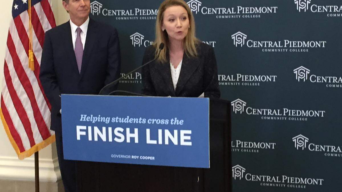 Gov. Roy Cooper and CPCC President Kandi Deitemeyer talk about Finish Line grants.
