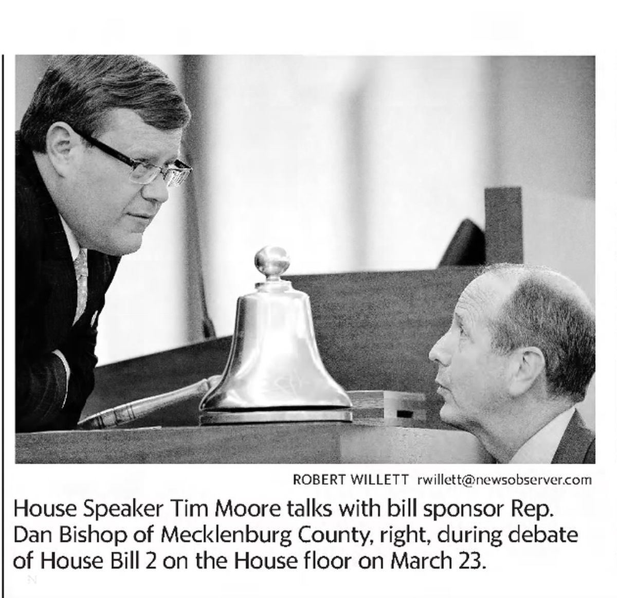 From the archives: Dan Bishop and North Carolina House Speaker Tim Moore talk during a debate on House Bill 2.