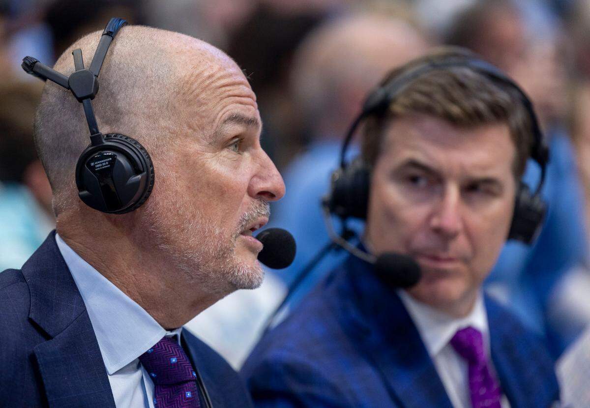 Jay Bilas and Rece Davis call the North Carolina vs N.C. State game on Wednesday, February 19, 2025 at the Smith Center in Chapel Hill, N.C.
