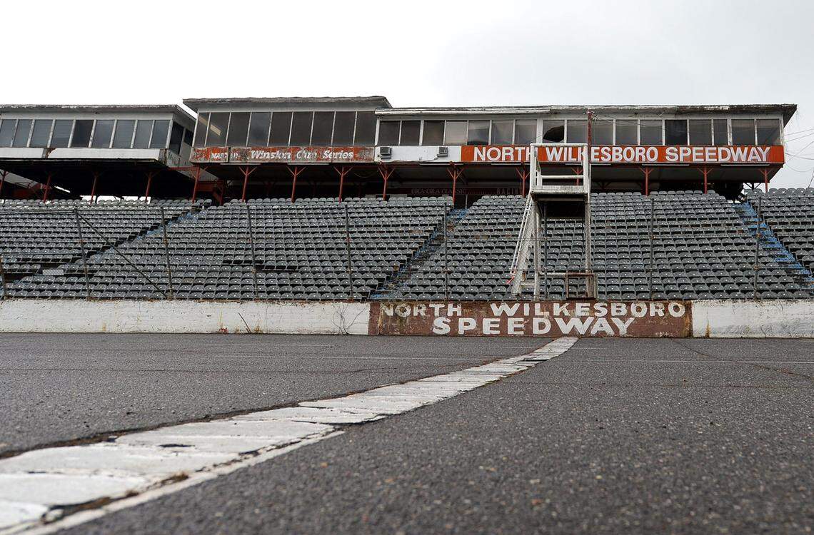 The start/finish line at North Wilkesboro Speedway at the former NASCAR short track in North Wilkesboro, NC on Thursday, October 7, 2021. The track operated from 1949 until 1996.