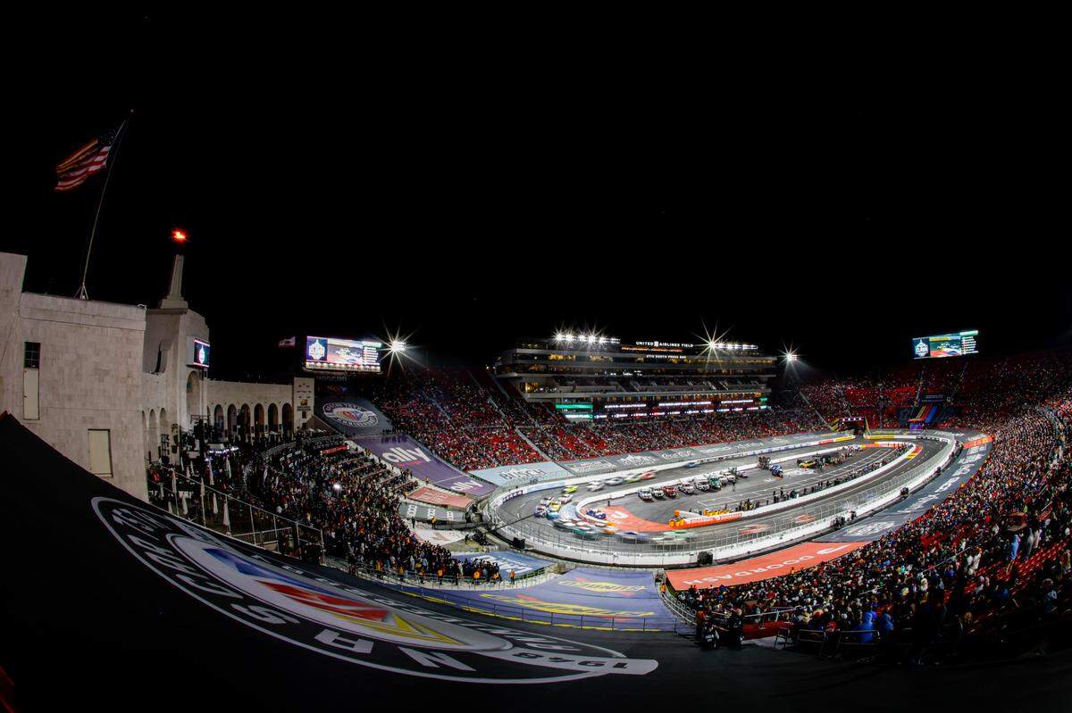Feb 5, 2023; Los Angeles, California, USA; Drivers race during the NASCAR Busch Light Clash at the Coliseum at Los Angeles Memorial Coliseum.
