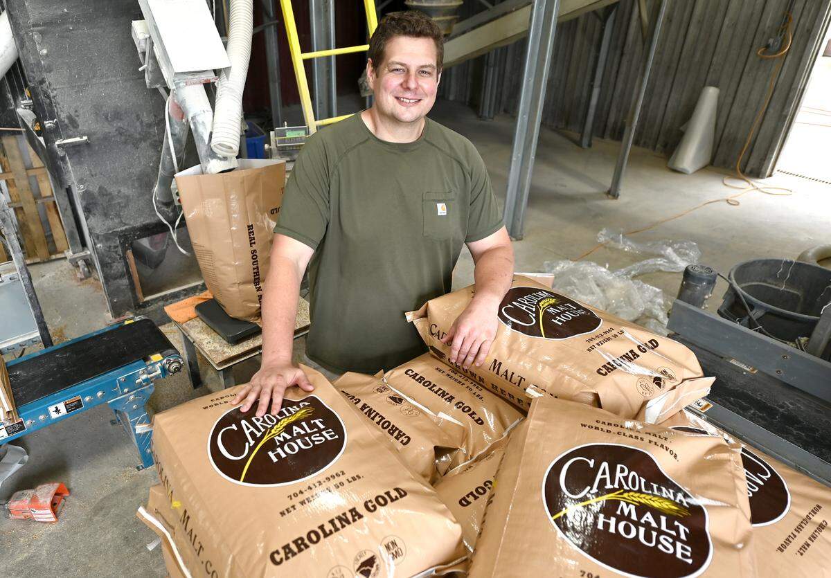 Carolina Malt House co-owner and founder Aaron Goss stands in the bagging room Tuesday, April 23, 2025, in the Cleveland, NC, business.