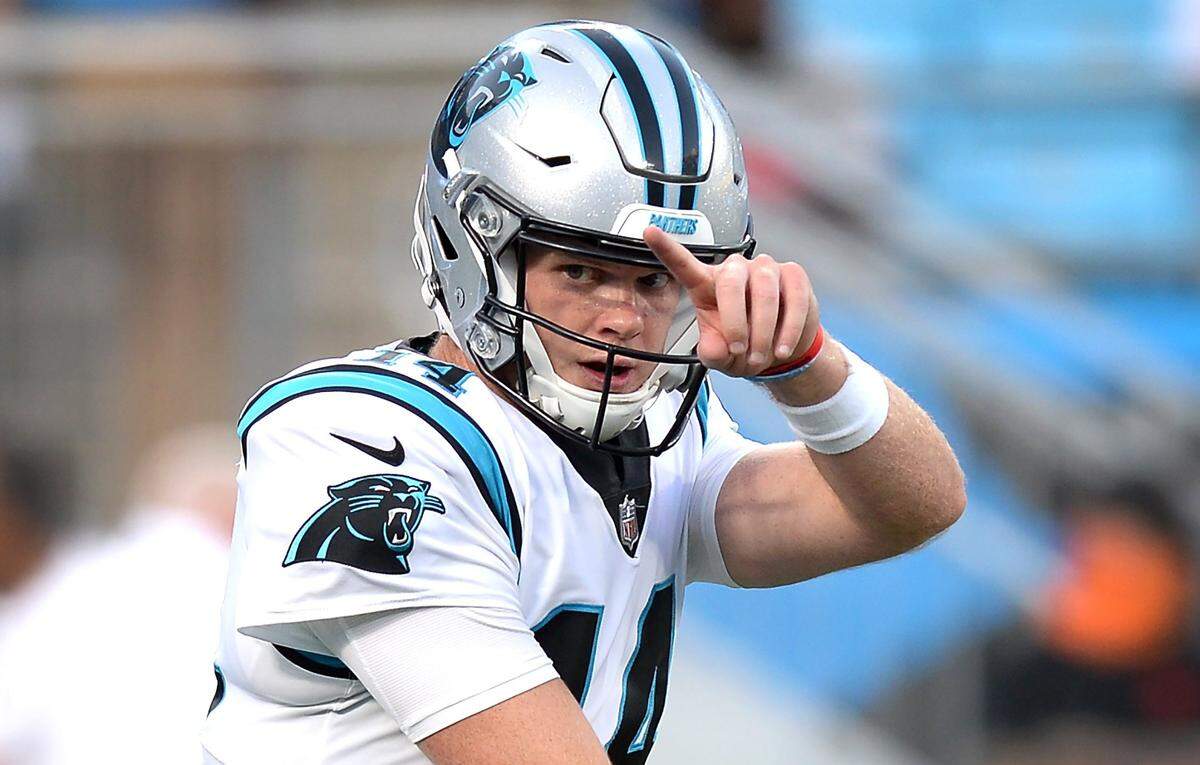 Carolina Panthers quarterback Sam Darnold signals to a receiver before dropping back to pass during a warmup Friday before the Panthers’ preseason game against Pittsburgh.