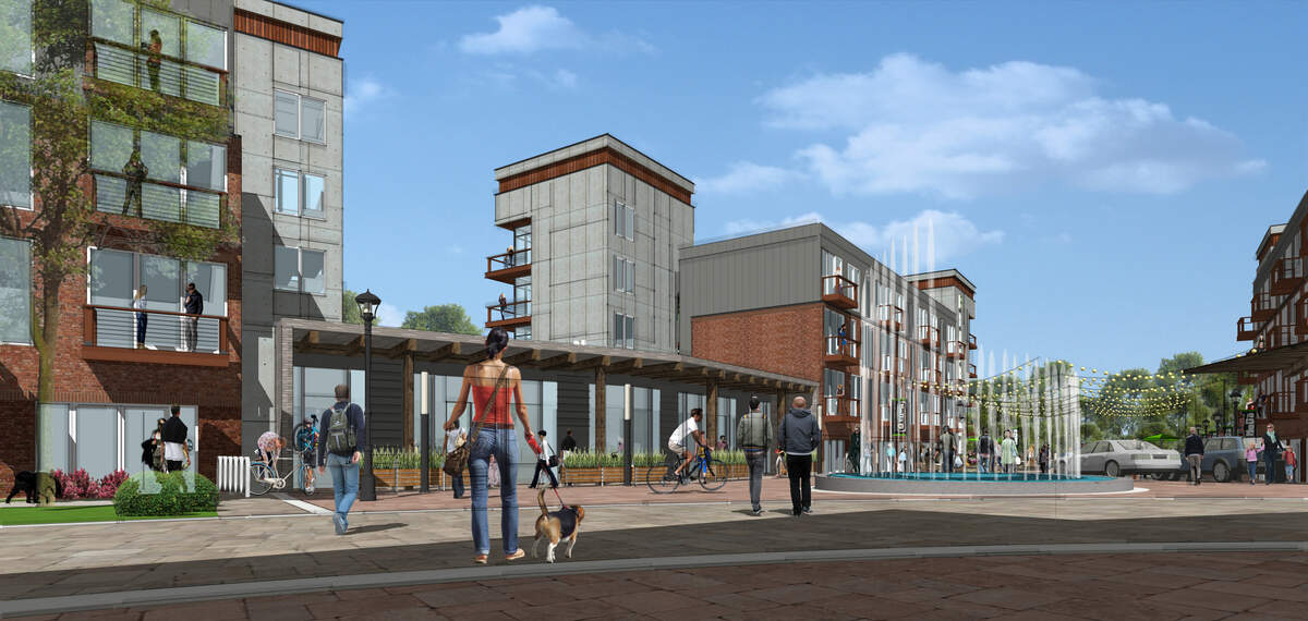 A rendering of the project underway from Chicago firm Origin Investments and Charlotte-based Flywheel Group near the Sugar Creek light rail station.