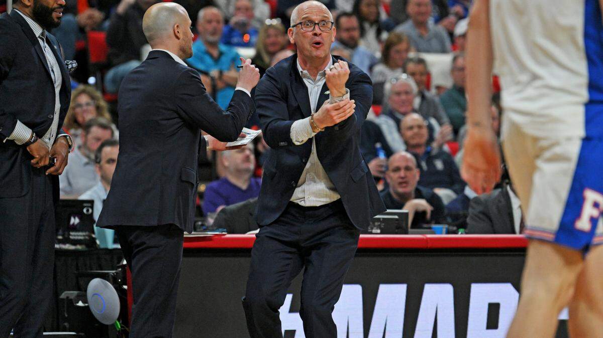 Mar 23, 2025; Raleigh, NC, USA; Connecticut Huskies head coach Dan Hurley reacts after a play during the second half against the Florida Gators in the second round of the NCAA Tournament at Lenovo Center. Mandatory Credit: Zachary Taft-Imagn Images