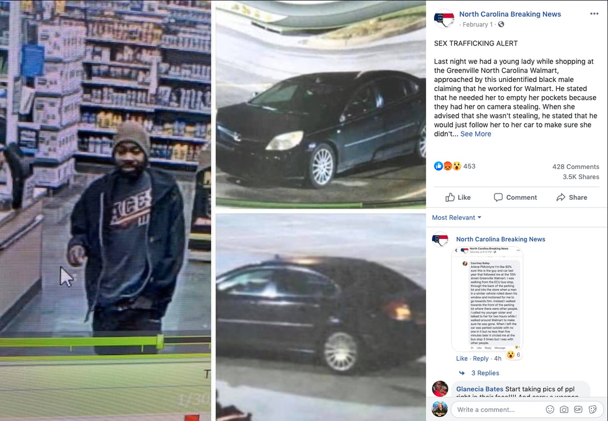 Police in North Carolina warned users about “fake news” after a Facebook post about an attempted kidnapping at a Walmart in Greenville was shared over 3,000 times. It did happen — but in Kentucky, cops say.