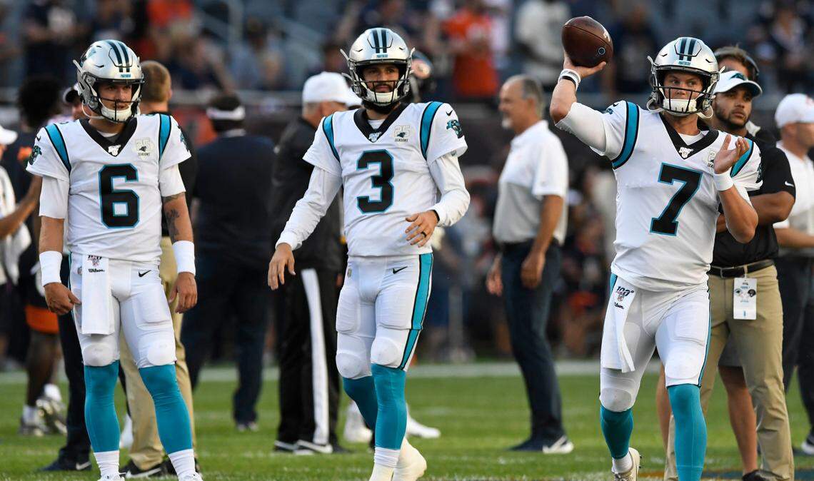 Carolina Panthers quarterbacks Kyle Allen (7), Taylor Heinicke (6), and Will Grier (3) are all competing to be Cam Newton’s primary backup.