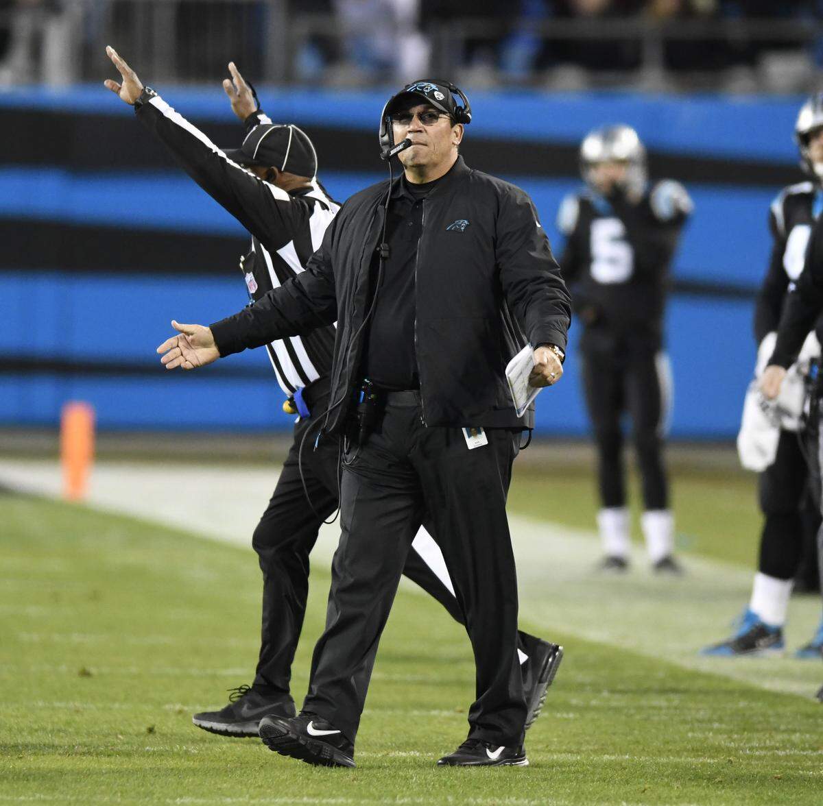 Carolina Panthers head coach Ron Rivera challenges the spot of an offensive play while playing against the New Orleans Saints during the first half at Bank of America Stadium on Monday, December 17, 2018. The Saints won, 12-9.