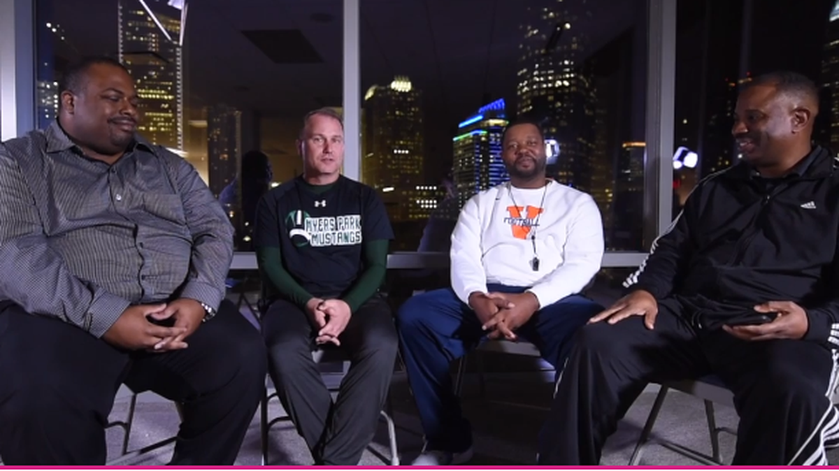 Carolina Varsity’s Matt Morrow (far left) joined Myers Park head football coach Scott Chadwick, Vance head football coach Aaron Brand and the Observer’s Langston Wertz Jr. for a frank talk about the state of local high school football.