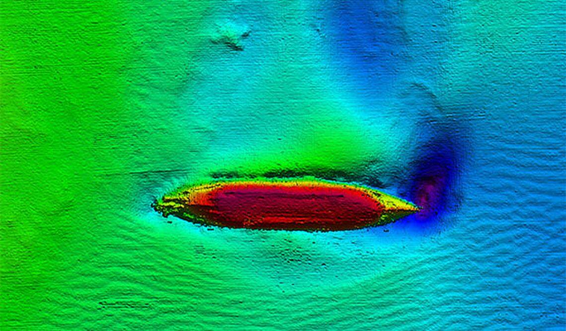 Multibeam sonar image of the USS New Jersey taken during NOAA ship Nancy Foster cruise, 2016.