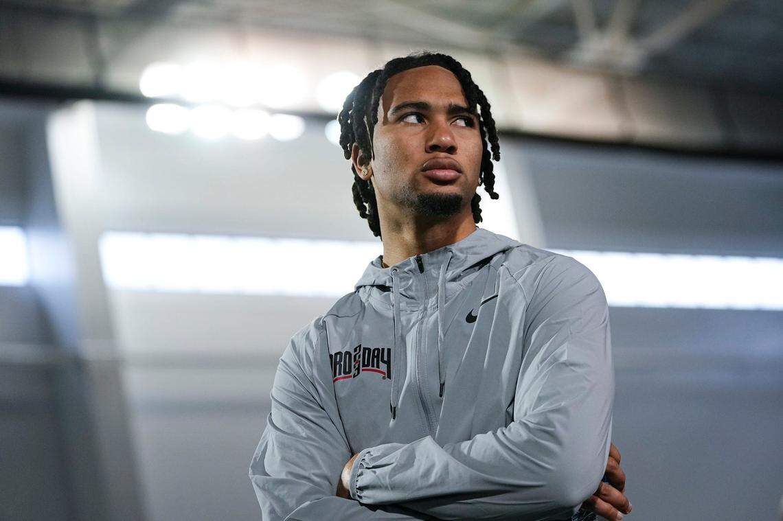 Ohio State Buckeyes quarterback C.J. Stroud prepares to throw during Ohio State football’s pro day at the Woody Hayes Athletic Center in Columbus on March 22, 2023.