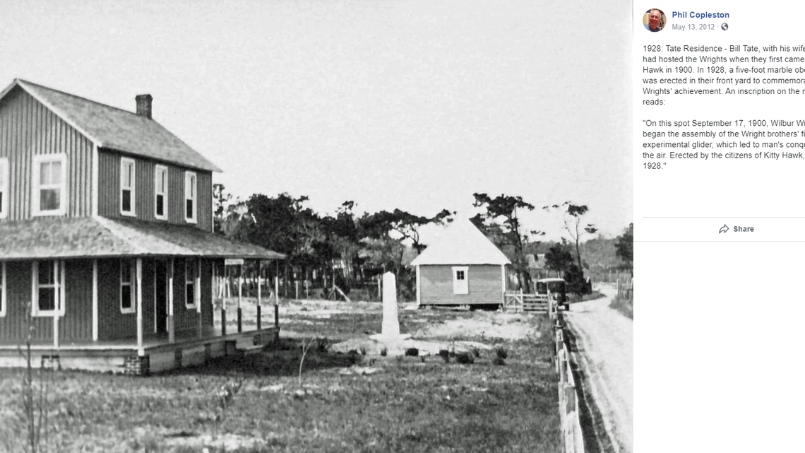 This home on Moor Shore Road in Kitty Hawk is where the Wright Brothers put together their experimental glider, according to a marker seen in the yard.
