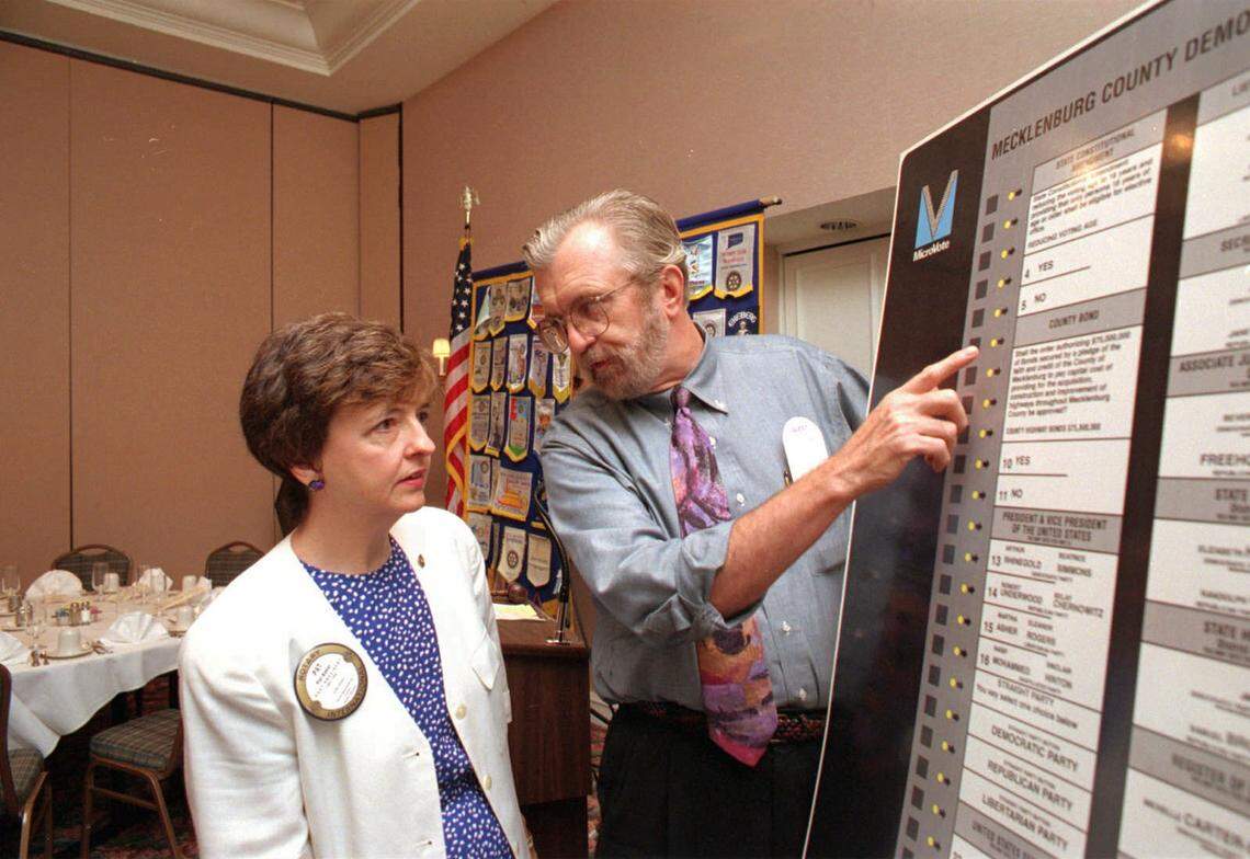 In a 1995 photo, former Charlotte-Mecklenburg Elections Director Bill Culp shows a demonstration ballot to Pat Baker, past president of North Mecklenburg Rotary Club. Culp, 78, died this month in Beaufort, S.C.