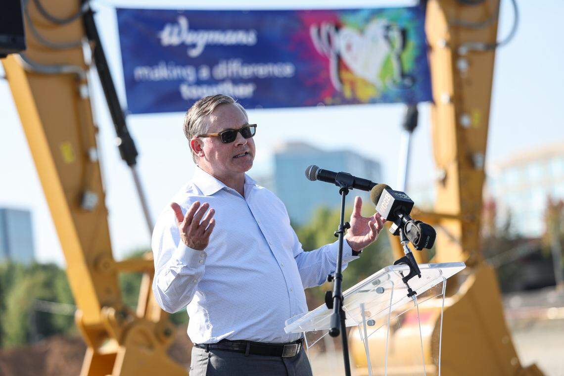 John Barton, president of Northwood Development, opens the groundbreaking ceremony for a 110,000-square-foot Wegmans that will open next year in Ballantyne.