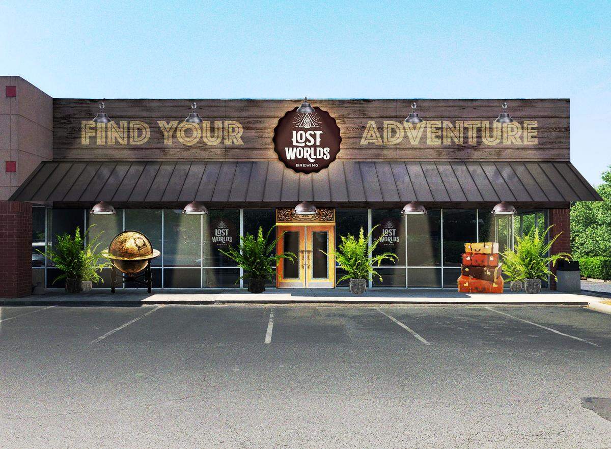 A rendering of the front view of Lost Worlds Brewing highlights its adventure theme.