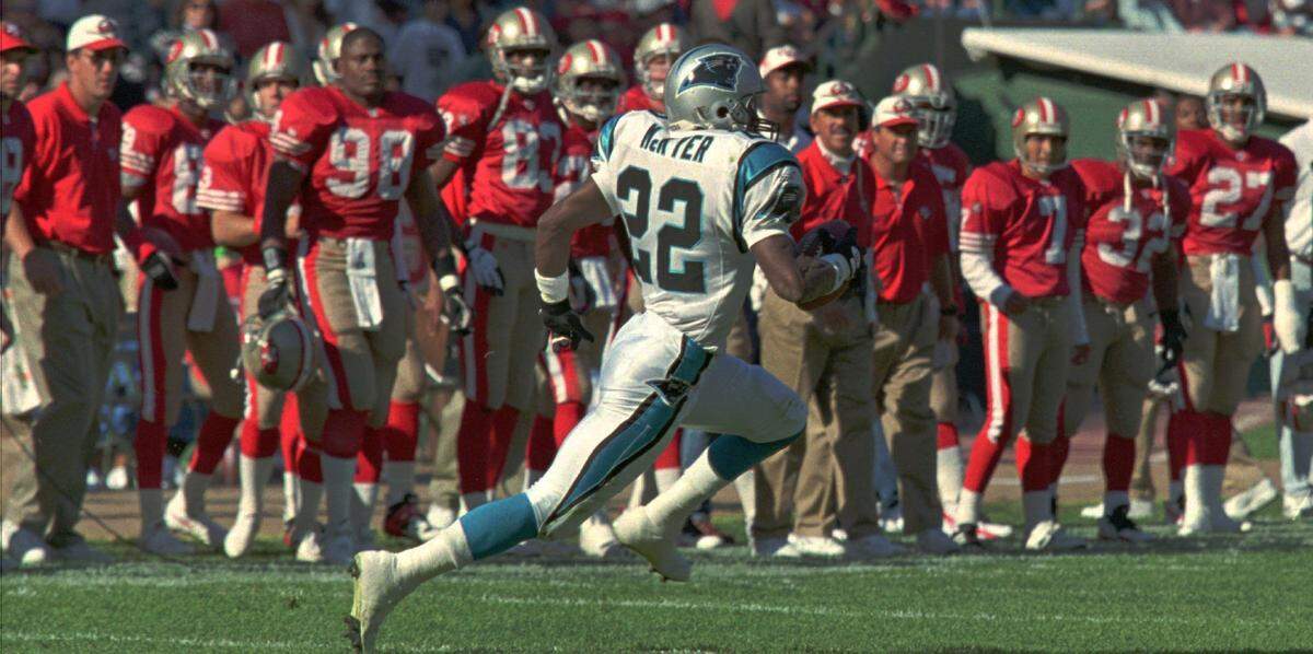 On Nov. 6, 1995, Panthers cornerback Tim McKyer intercepted am Elvis Grbac pass and ran 96 yards for a touchdown, providing the deciding points in a 13-7 road win for the expansion Carolina Panthers team over the defending Super Bowl champion San Francisco 49ers.