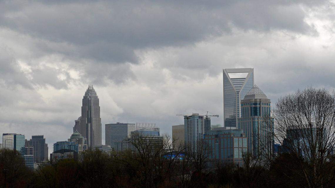 Clouds gather over uptown Charlotte prior to a line of storms passing through the area on Thursday, March 18, 2021.