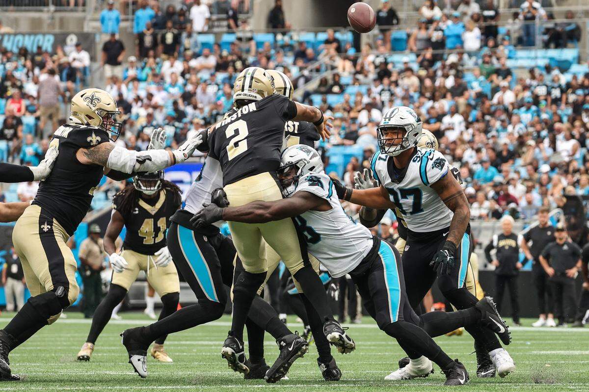 Panthers defensive end Marquis Haynes pressures Jameis Winston in a 2022 game against the New Orleans Saints. In 2022, the Panthers swept the Saints.