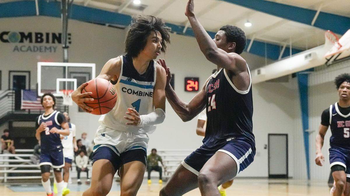 Forward Trentyn Flowers drives the lane at Combine Academy in Lincolnton in 2022. 