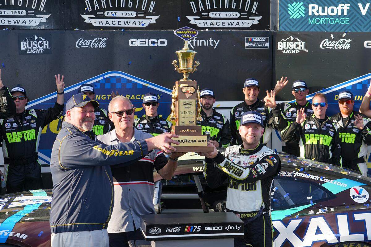 NASCAR Cup Series driver William Byron (24) celebrates in Victory Lane at Darlington Raceway. David Yeazell-USA TODAY Sports