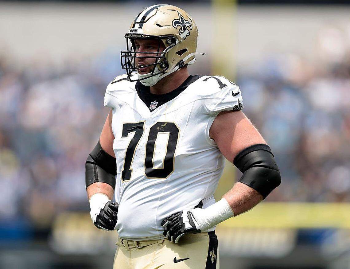 Trevor Penning of the New Orleans Saints in the first half during a NFL Preseason game in 2025.