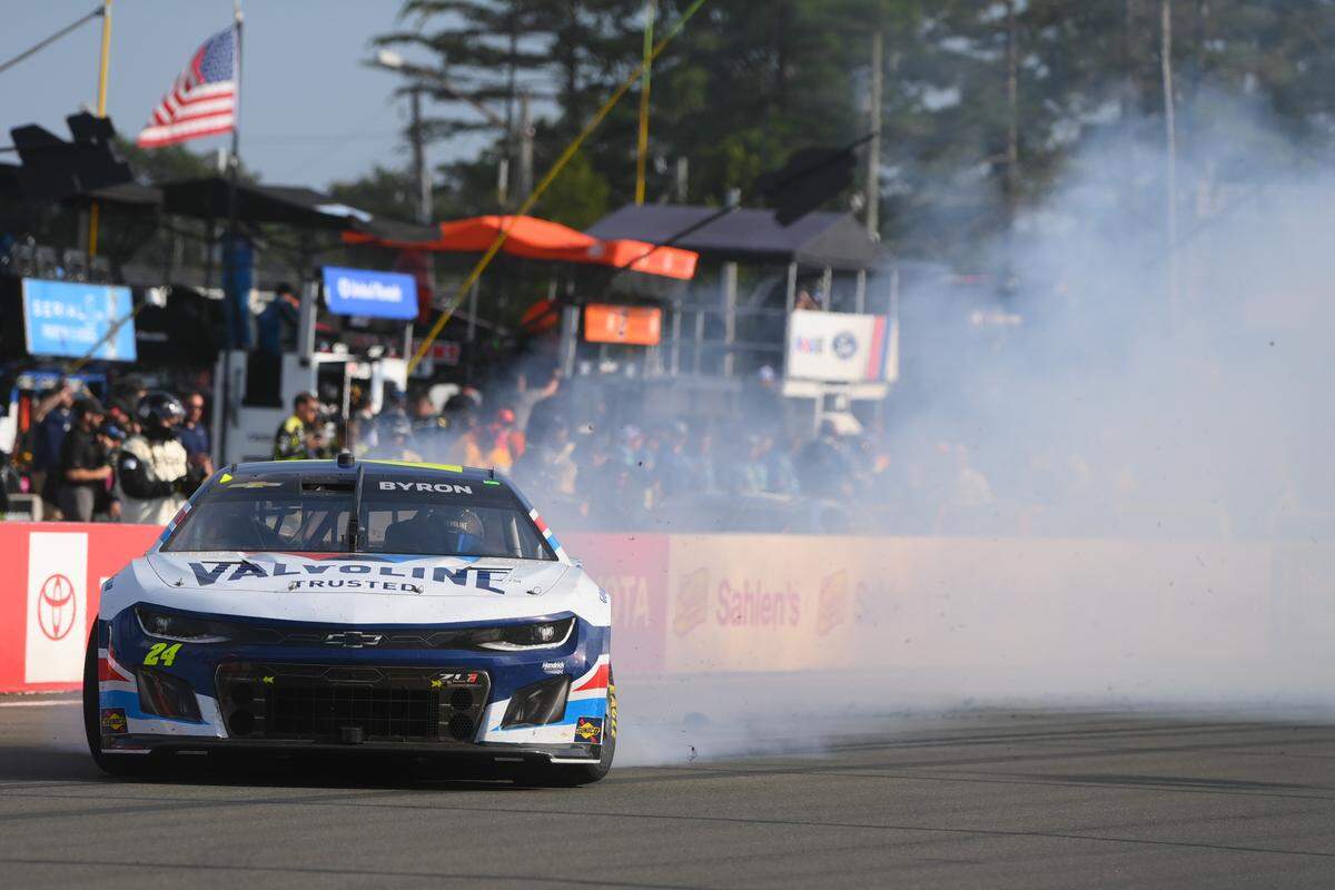 NASCAR Cup Series driver William Byron (24) does a burn out following his victory in the Go Bowling at The Glen at Watkins Glen International.