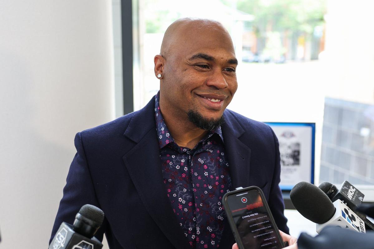 Steve Smith, Sr., former wide receiver for the Carolina Panthers, answers questions from the media after a press conference for inductees into the NC Sports Hall of Fame at Johnson & Wales University in Charlotte, NC on Friday, May 10, 2024.
