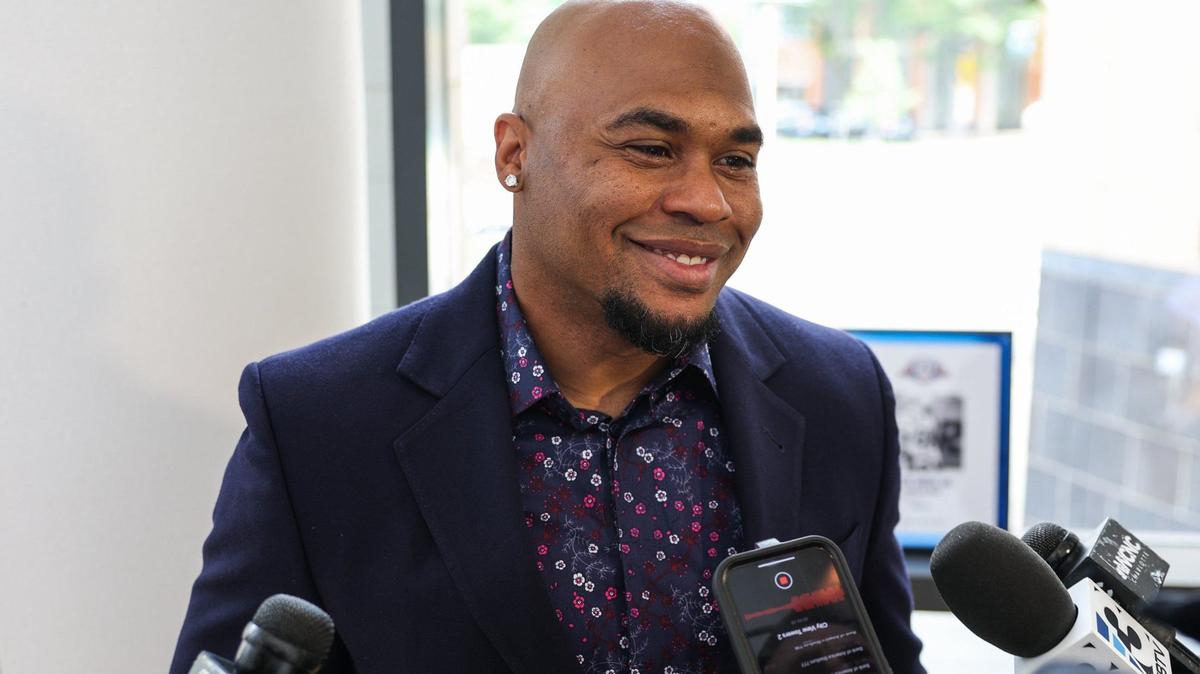 Steve Smith Sr., former wide receiver for the Carolina Panthers, answers questions from the media after a press conference for inductees into the NC Sports Hall of Fame at Johnson & Wales University in Charlotte on May 10, 2024.
