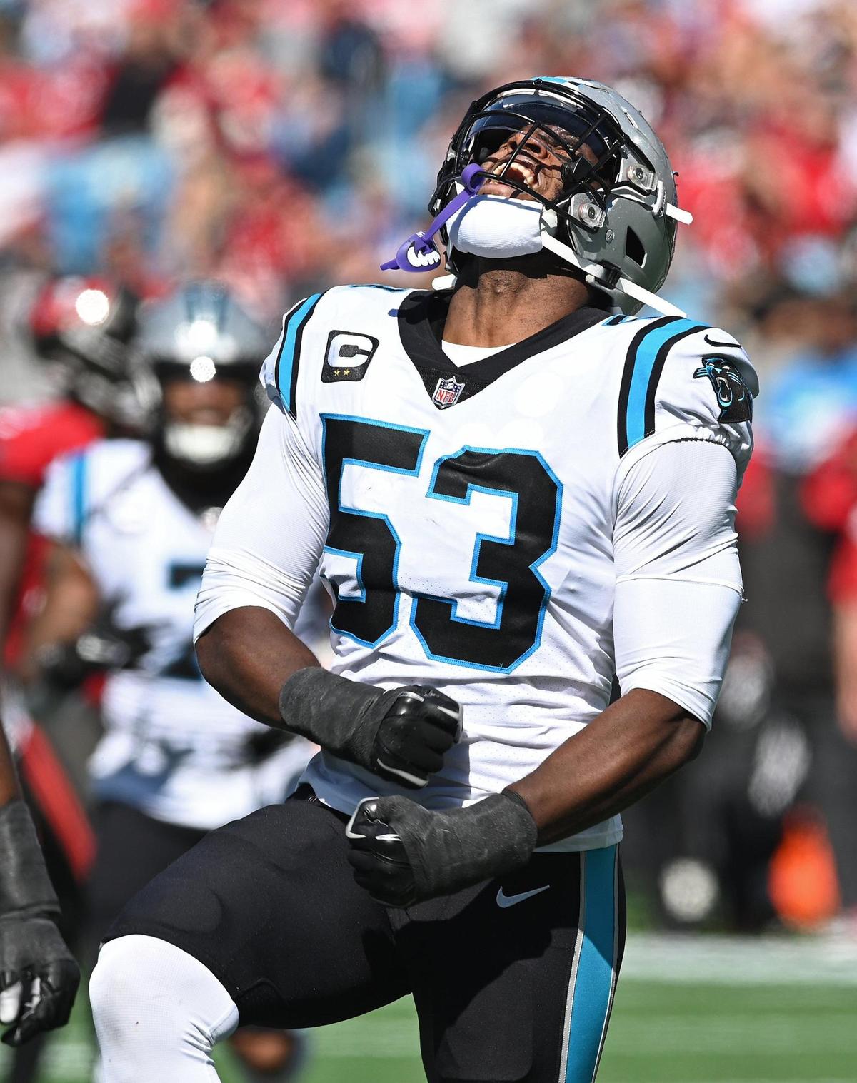 Carolina Panthers defensive end Brian Burns celebrates his sack of Tampa Bay Buccaneers quarterback Tom Brady during second quarter action at Bank of America Stadium in Charlotte, NC on Sunday, October 23, 2022.