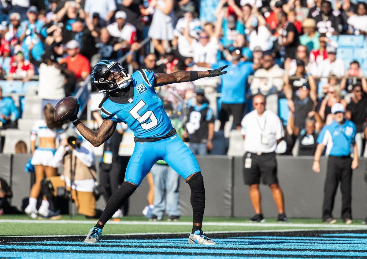 Carolina Panthers wide receiver Diontae Johnson celebrates a touchdown against the Atlanta Falcons at the Bank of America Stadium in Charlotte, N.C. on Sunday, October 13, 2024.
