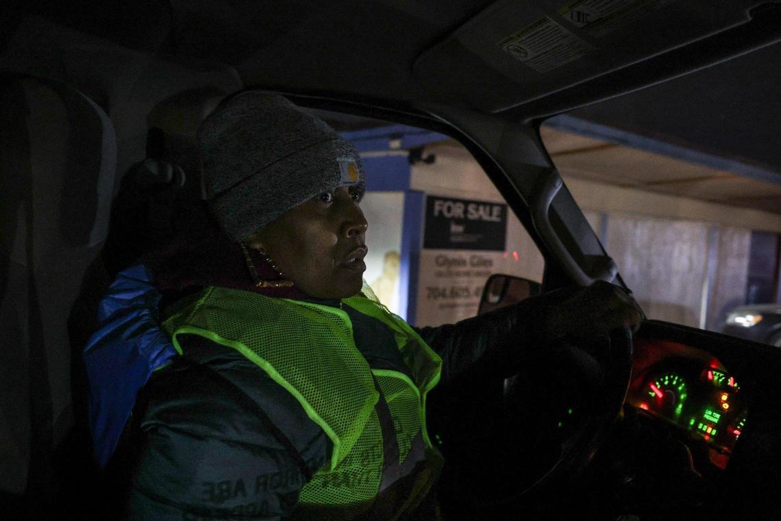 Team leader Deb Phillips drives through side streets where she knows unhoused people usually sleep along North Graham Street during the point in time count in Charlotte, NC on Thursday, January 23, 2025. Ph