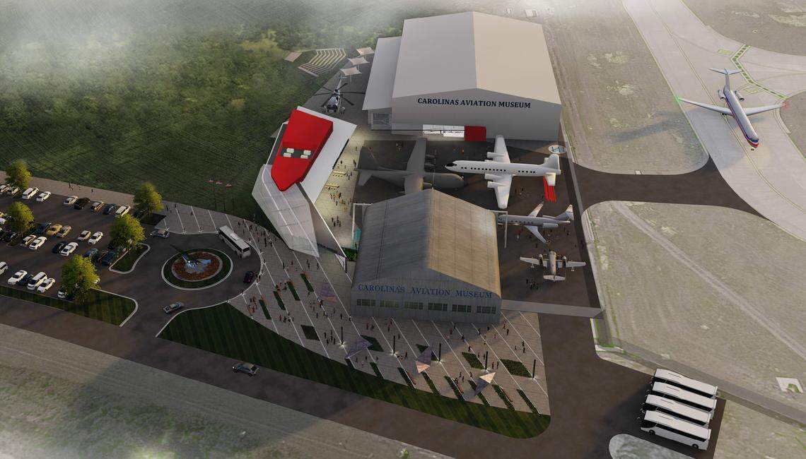 A rendering of the new 105,000 square foot Carolinas Aviation Museum. The museum will span three buildings and include an outdoor plaza and historic aircraft.