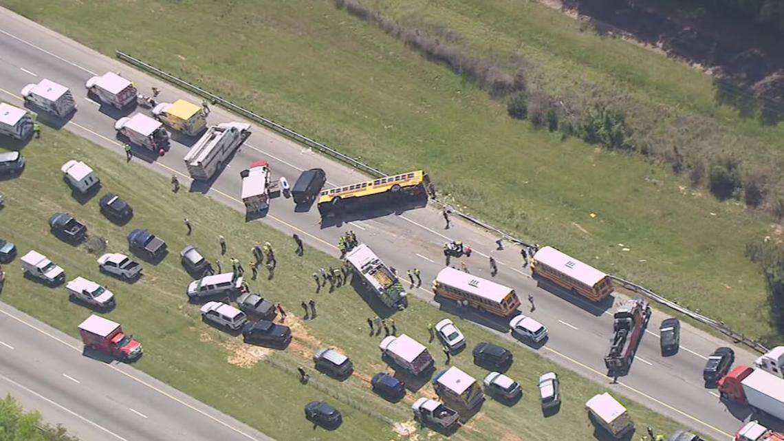 A school bus, carrying students from Lexington District 2, flipped over in Chester County, S.C., on Thursday, April 17, 2025.