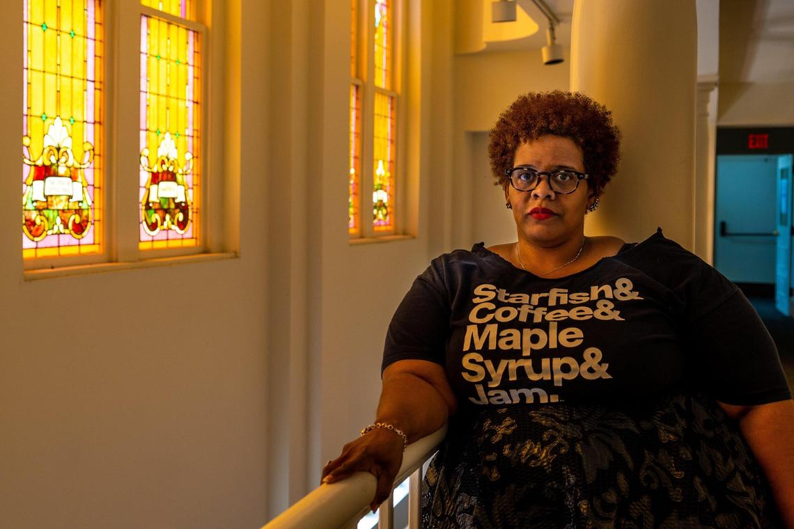 Stacey Rose, a former respiratory therapist, has a playwriting resume filled with fellowships and awards. She also writes for the first-responder drama “9-1-1” on the FOX network. Rose is pictured here inside the former Afro-American Cultural Center in uptown Charlotte, where she got her start in theater.