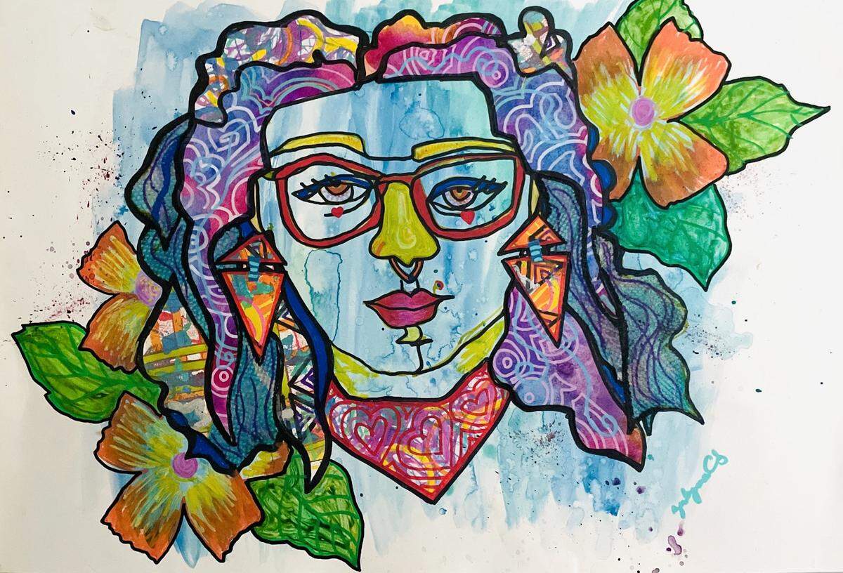 A self-portrait on paper by OBRA Collective artist Zuleyma Castrejon. She plans to continue to make art about fellow immigrants and their struggles, as well as celebrate her Mexican heritage and culture.