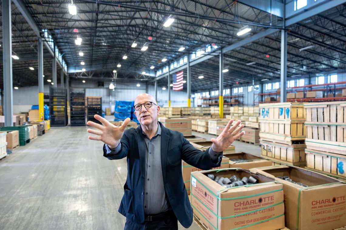 Tom Gabbard, Blumenthal Arts president and CEO, unveils Blumental’s immersive-exhibits space in a 1 1/2-acre warehouse at the former Charlotte Pipe and Foundry site near Bank of America Stadium in Charlotte, N.C., on Thursday, April 4, 2024.
