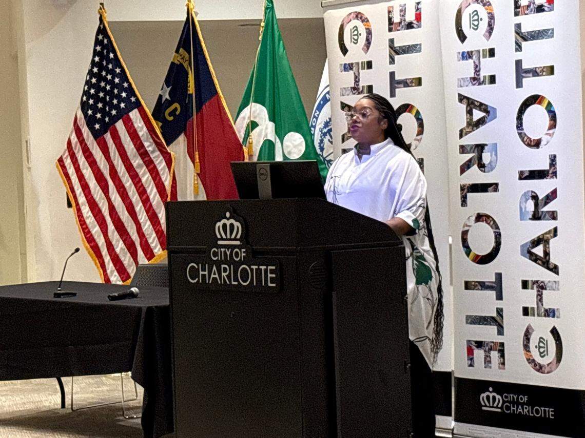 Charlotte City Council applicant La Reshai Poore speaks during a candidate forum at the Charlotte-Mecklenburg Government Center on Thursday, May 15, 2025.