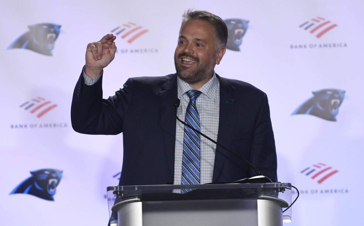 Carolina Panthers new head coach Matt Rhule talks to the media, staff, and fans during a introductory press conference at Atrium Health Dome .on Wednesday, January 8, 2020.