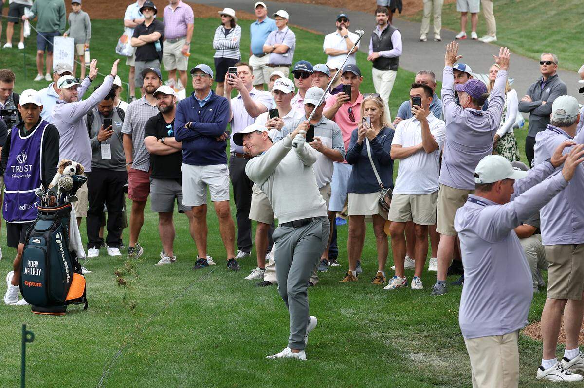 Rory McIlroy follows through on his second shot along the eighth fairway during the Truist Championship Pro-Am at Quail Hollow Club in Charlotte, NC on Wednesday, May 6, 2026. 