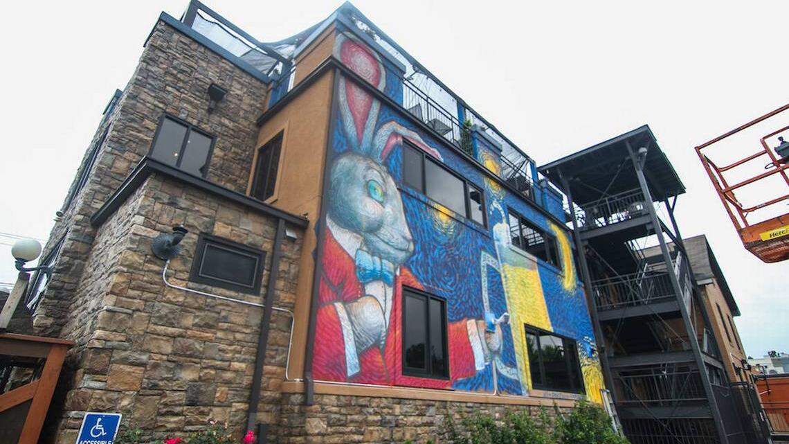 Peculiar Rabbit is known for its rooftop views and Mike Wirth and Dustin Moates mural of a rabbit drinking a beer.