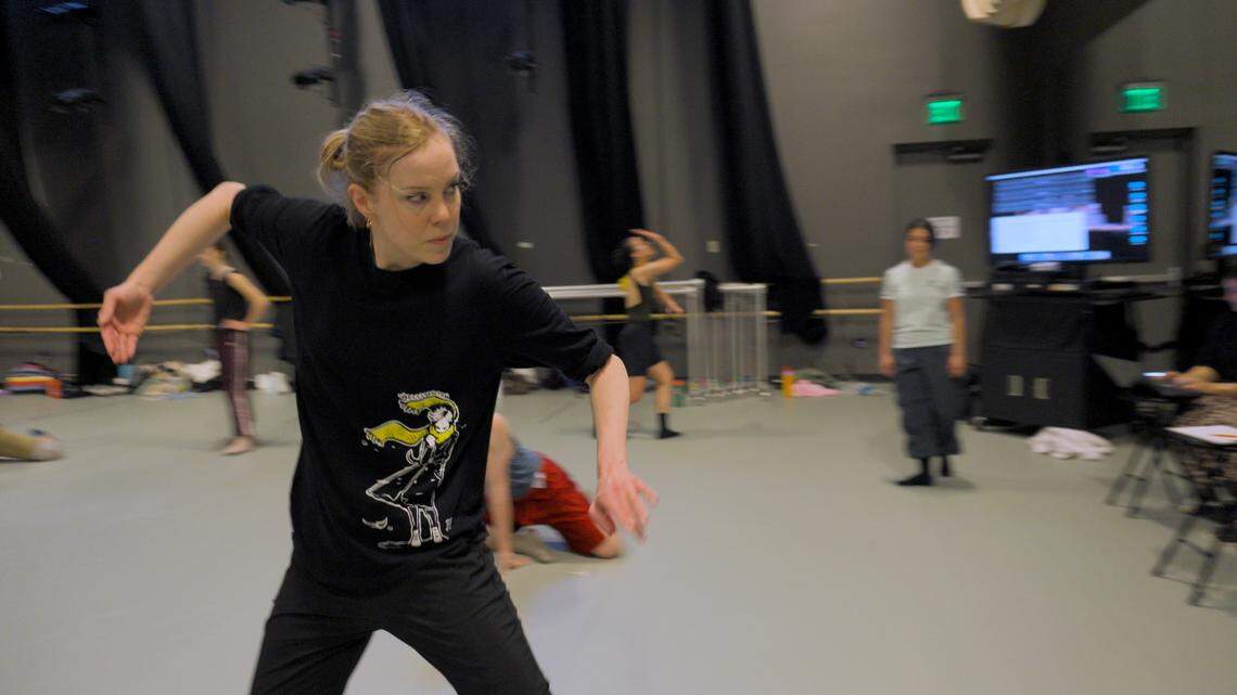 Guest choreographer Andrea “Andi” Schermoly demonstrates a movement during a rehearsal for “Carmen.” Charlotte Ballet presents “Carmen” from May 2 -11, at the Knight Theater.