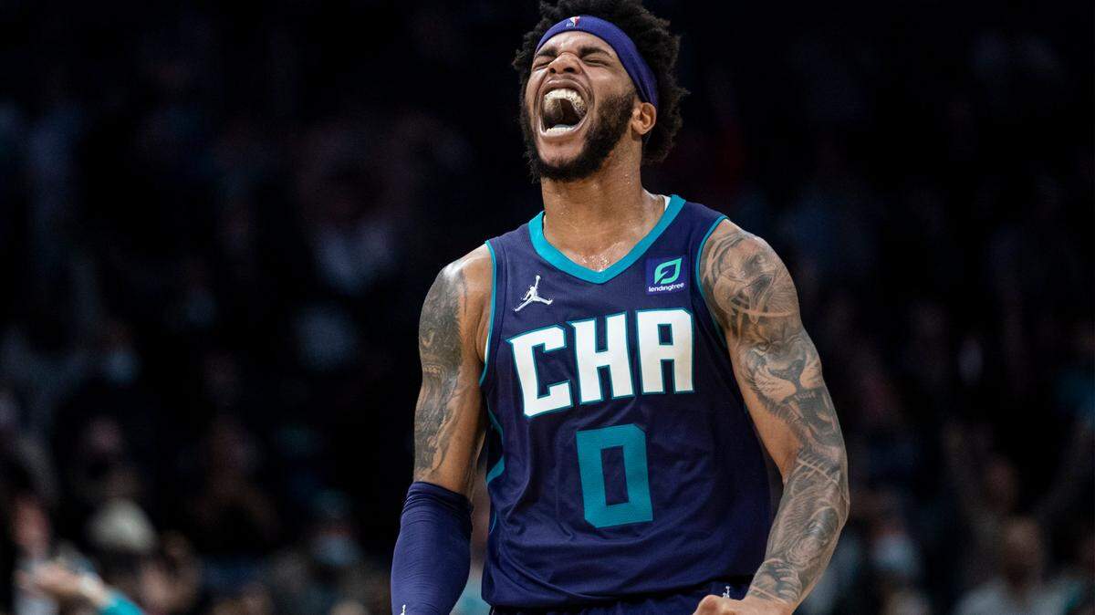 Charlotte Hornets forward Miles Bridges reacts during the second half of an NBA basketball game against the Sacramento Kings on Friday in Charlotte. Bridges scored 23 points and had eight assists as the Hornets won, 124-123.