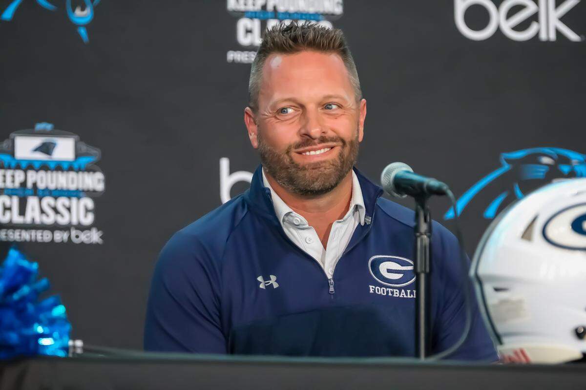 Greensboro Grimsley’s Darryl Brown speaks with the media during Wednesday’s Carolina Panthers’ Keep Pounding media day at Bank of America Stadium on May 7, 2025