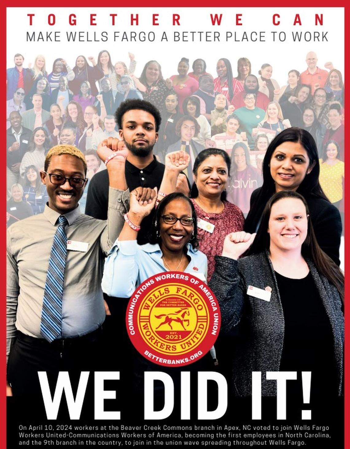 This flyer from the Communication Workers of America was passed out to workers at Wells Fargo locations in the Charlotte region in April