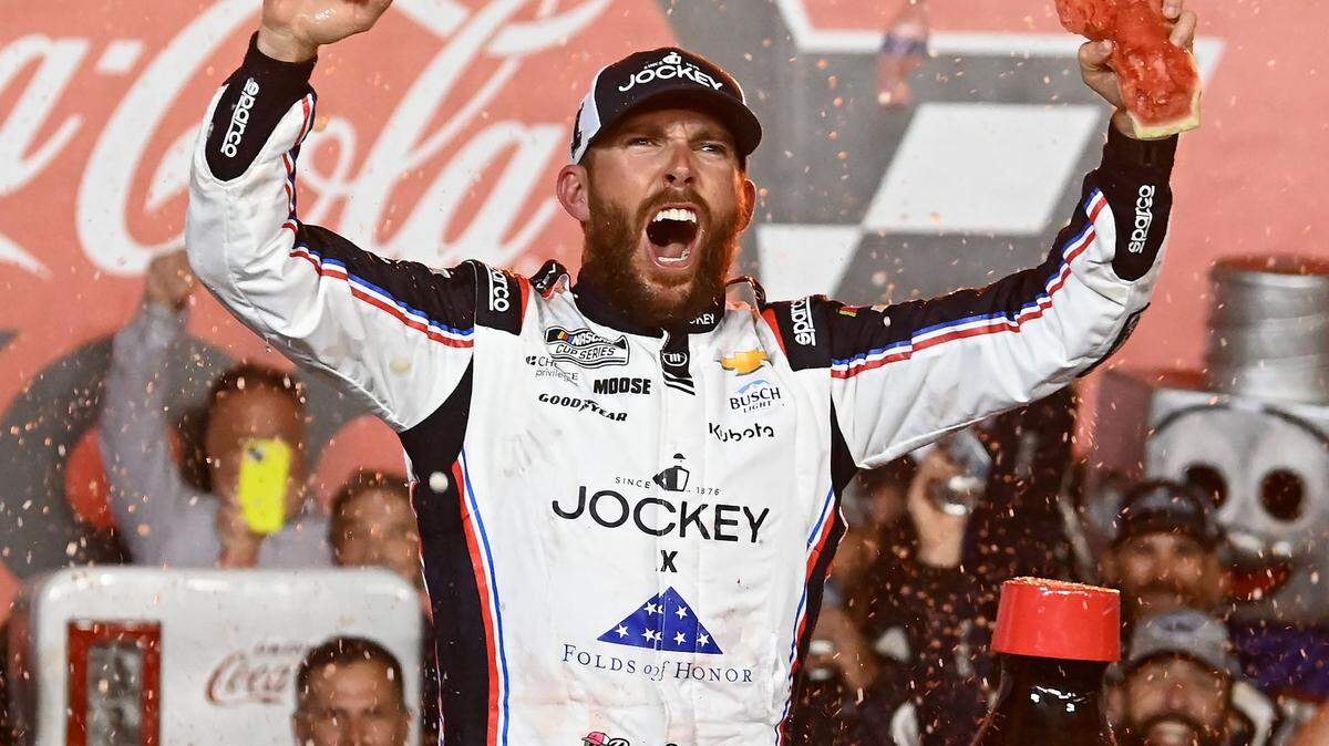 NASCAR Cup Series driver Ross Chastain celebrated his Coca-Cola 600 victory at Charlotte Motor Speedway in Concord, NC on Sunday, May 25, 2025, with a slice of watermelon in hand.