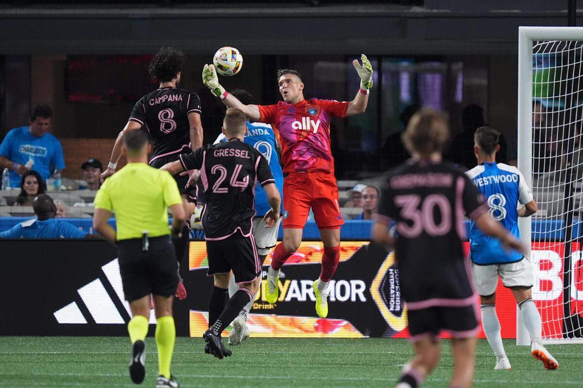 Jul 3, 2024; Charlotte, North Carolina, USA; Charlotte FC goalkeeper Kristijan Kahlina (1) defends the net in the second half against Inter Miami CF at Bank of America Stadium. Mandatory Credit: Jim Dedmon-USA TODAY Sports