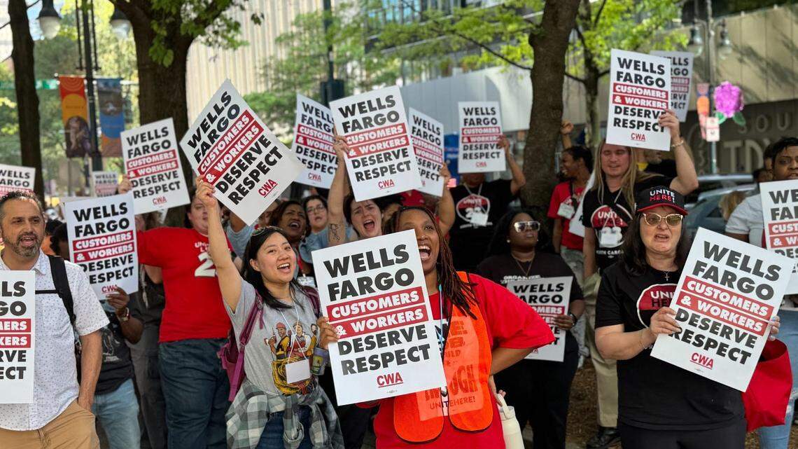 Wells Fargo workers rally in uptown Charlotte for better pay and union rights