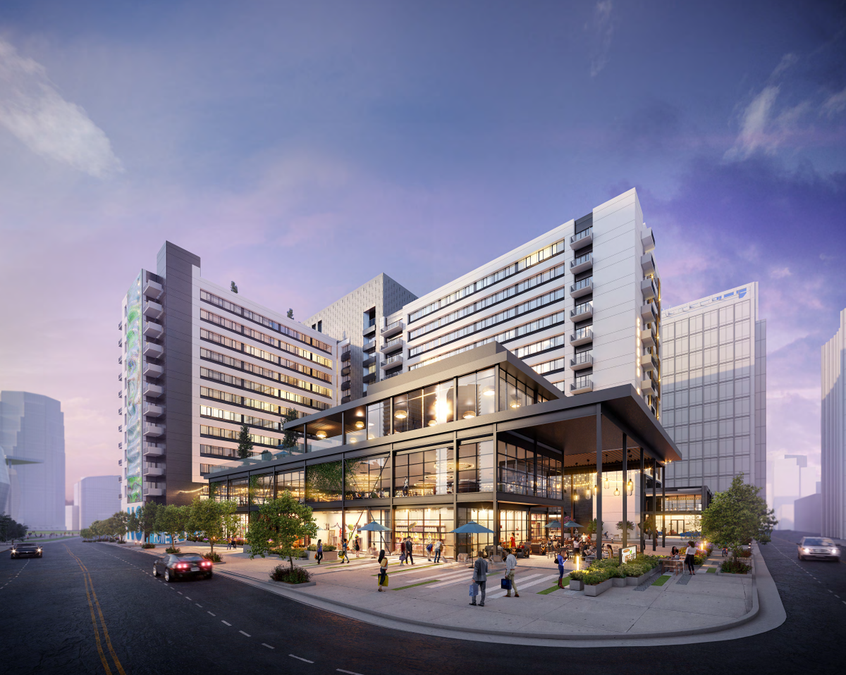 A rendering shows MRP Realty’s plans for a mixed-use development at 526 S. Church St. The developer purchased the old Duke Energy headquarters to convert into housing.