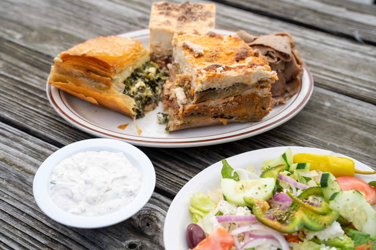 The Mad Greek Restaurant has a variety of food including spanakopita, pastichio, gyro, moussaka, greek salad, and tzatziki.